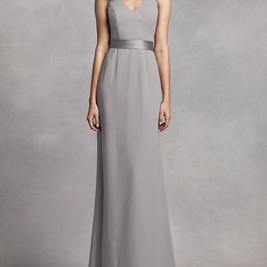 Long V Neck Crepe Gown with Open Back Vera Wang